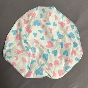 Nursery Scrub cap. Hello headbands. Like new. White with blue & pink baby feet